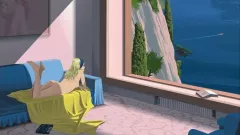 Bildbeschreibung: Französisches Filmplakat &quot;Le Mépris&quot;. Eine Frau liegt nackt auf dem Bauch auf einer gelben Decke auf einem blauen Sofa und schaut durch ein riesiges Fenster aufs Meer hinaus.