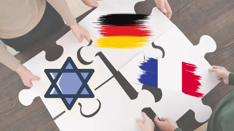 Puzzle avec les drapeaux de l'Allemagne, de la France et l'étoile de David (religion juive) aui s'emboitent